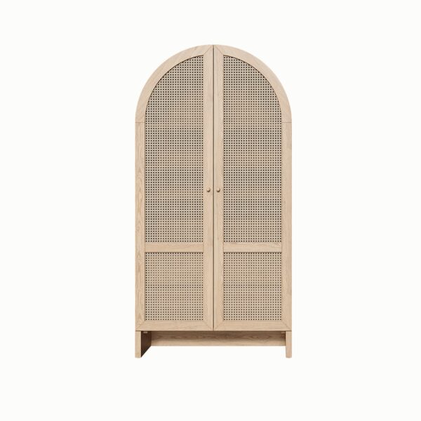 Elegant Arched Wooden Wardrobe with Rattan Doors – Stylish Storage Solution