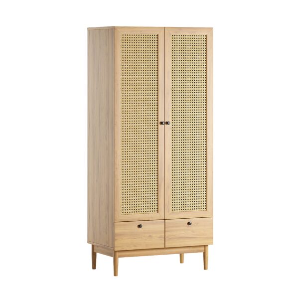 Modern Wooden Wardrobe with Rattan Doors and Drawers – Versatile Storage Solution